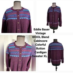 Eddie Bauer Vintage WOOL Blend Cabincore Colorful Button Cardigan Sweater XL